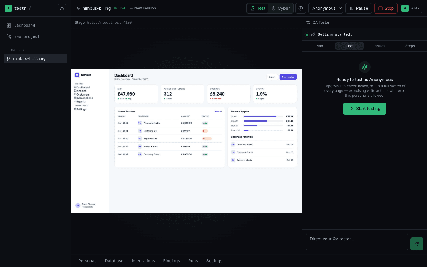 The testra cockpit: an AI agent driving a real browser on the left, with its live coverage plan, chat and findings in the rail on the right